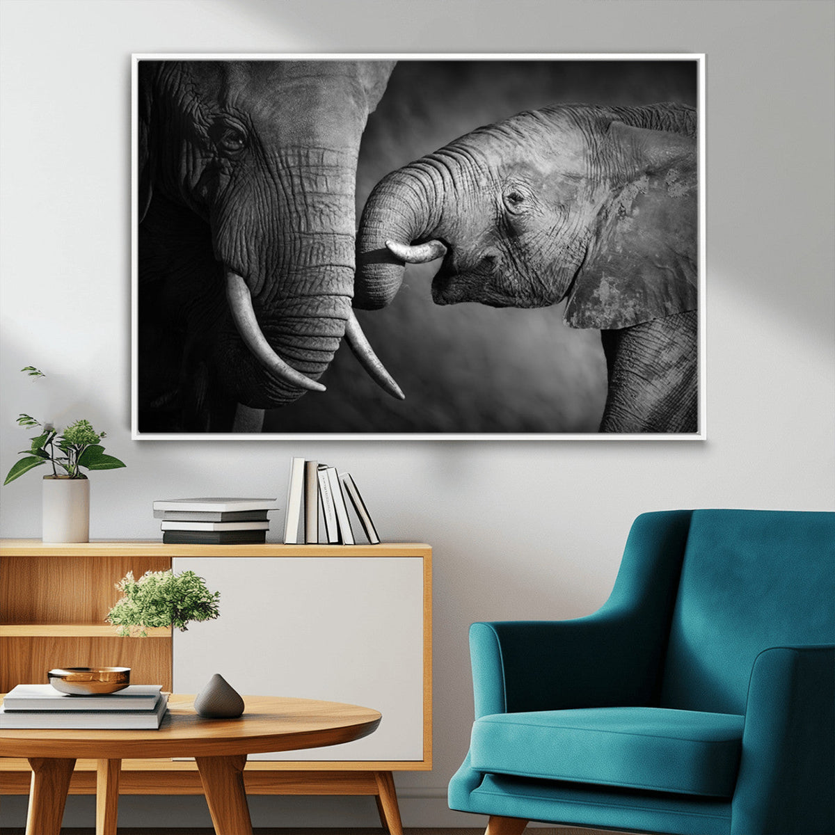 Elephant Family Wall Art Canvas, Framed Elephant Family