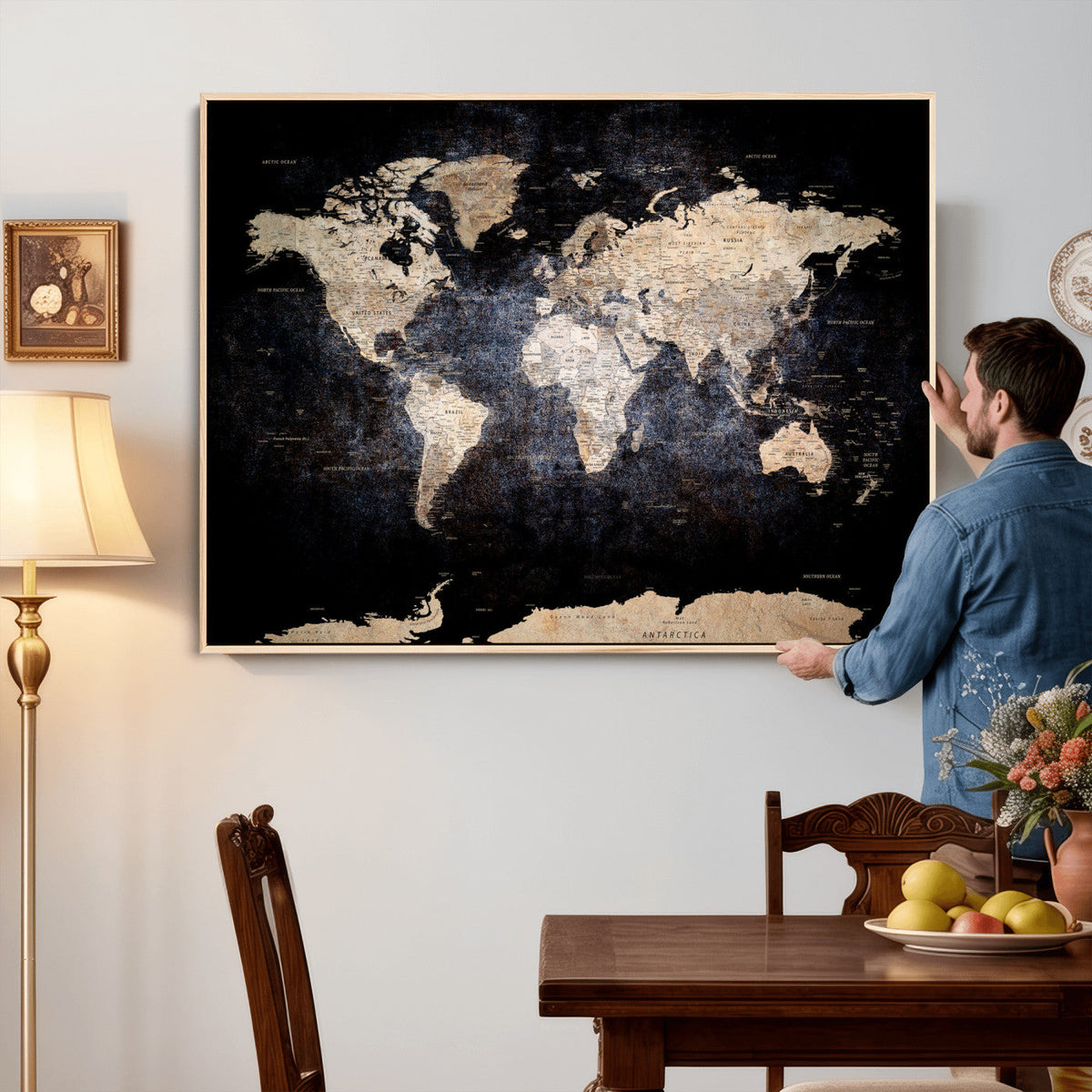 Grunge World Map Wall Art | 3-Panel Large Beige and Brown