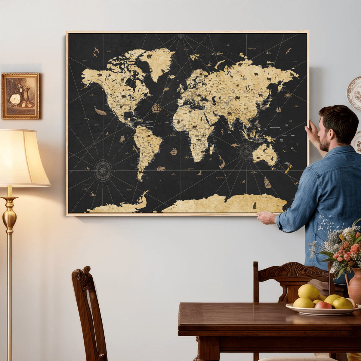 Vintage Blue and Brown World Map Canvas Wall Art – Framed