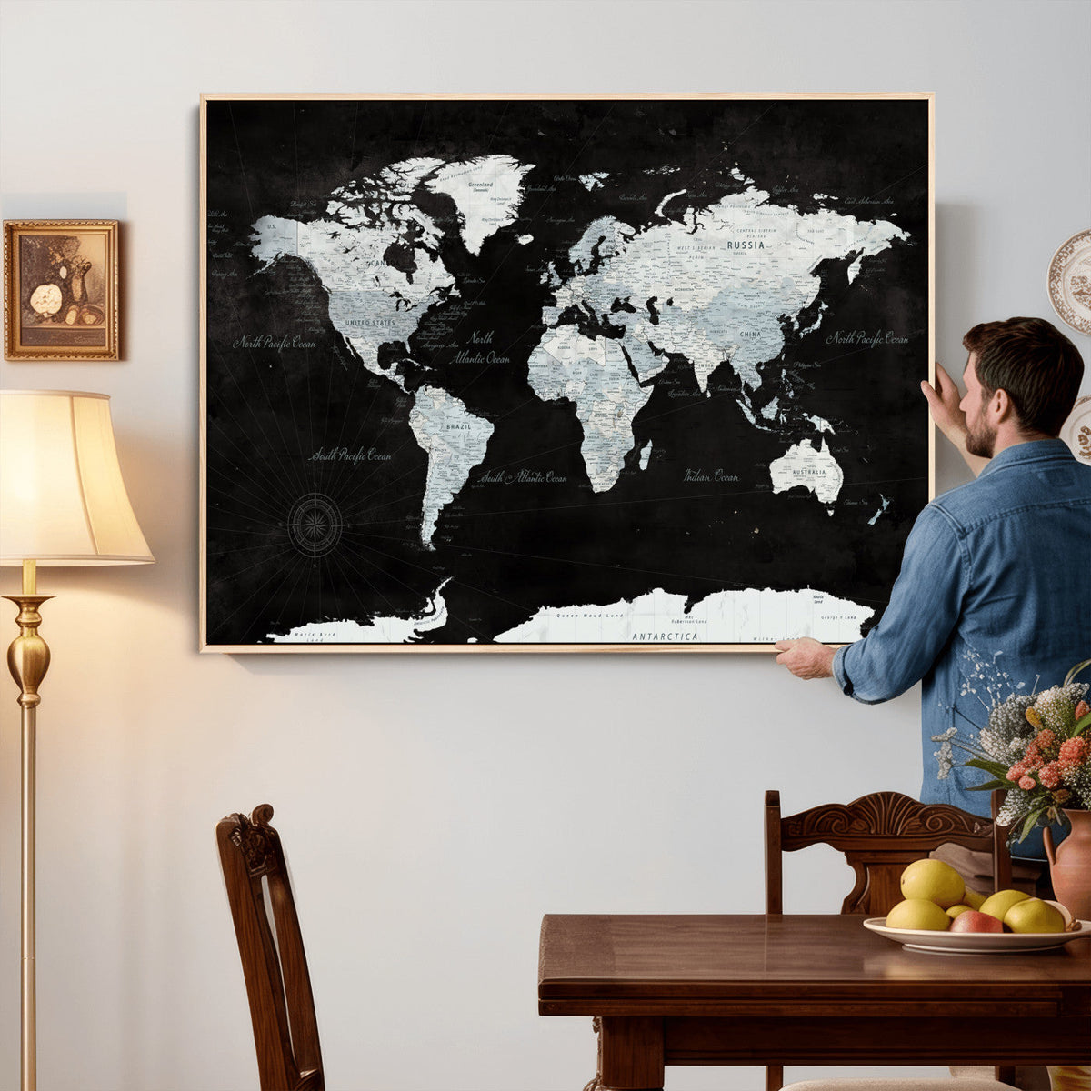World Map Canvas Print – Framed Push Pin Wall Art, Color
