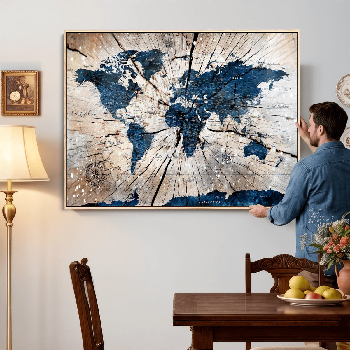 Rustic World Map Canvas Print – Framed Wall Art for Couples,