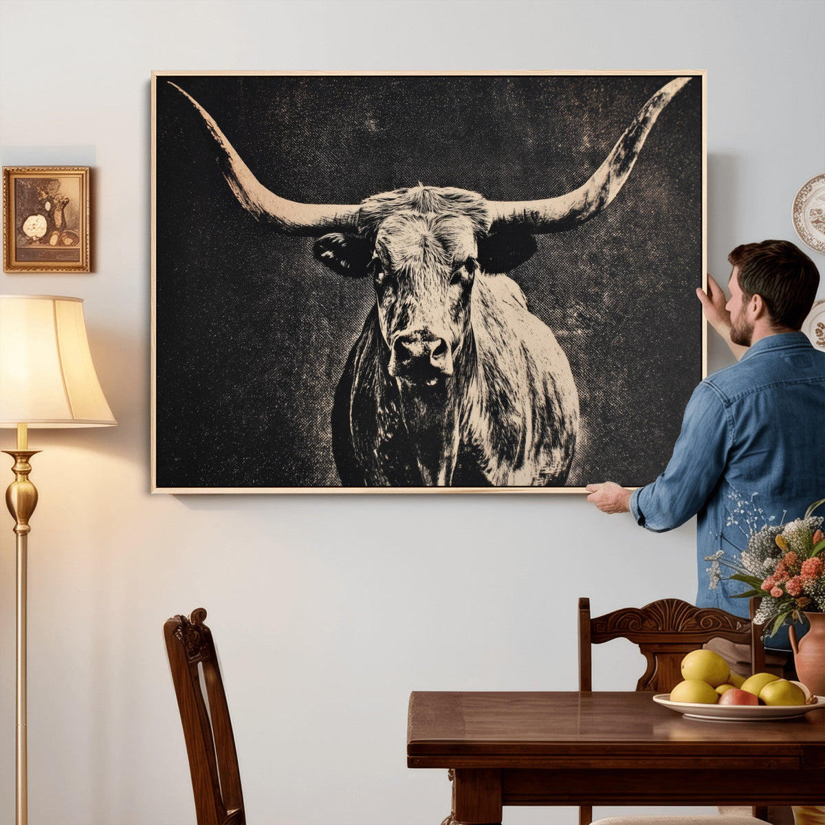 Vintage Texas Longhorn Bull Wall Art Canvas Print, Cow