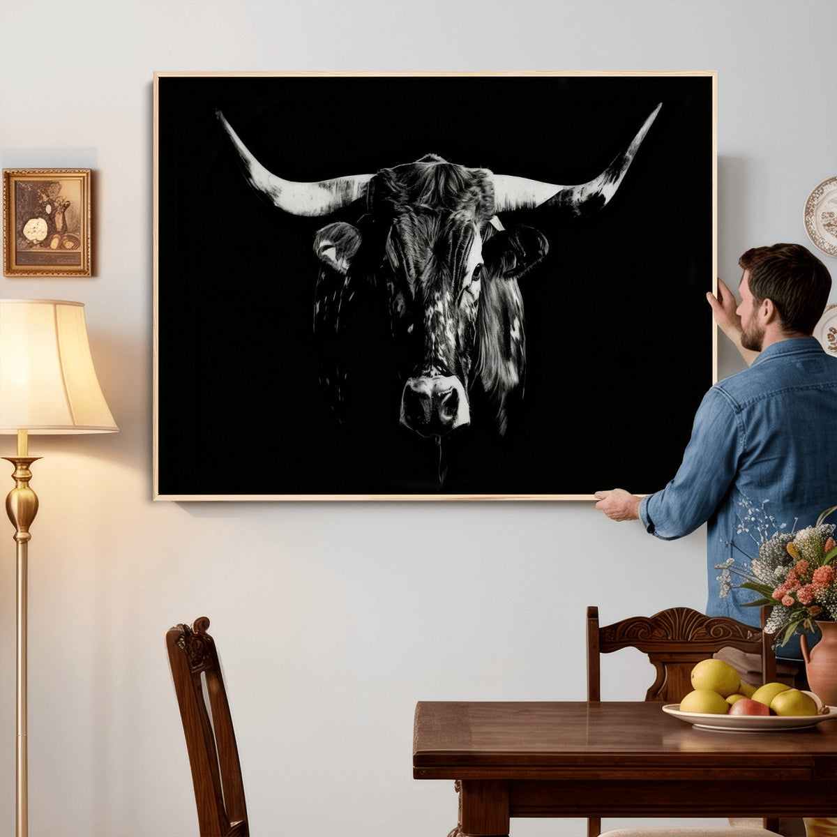 Black Bull Wall Art Canvas Print, Dark Longhorn Portrait