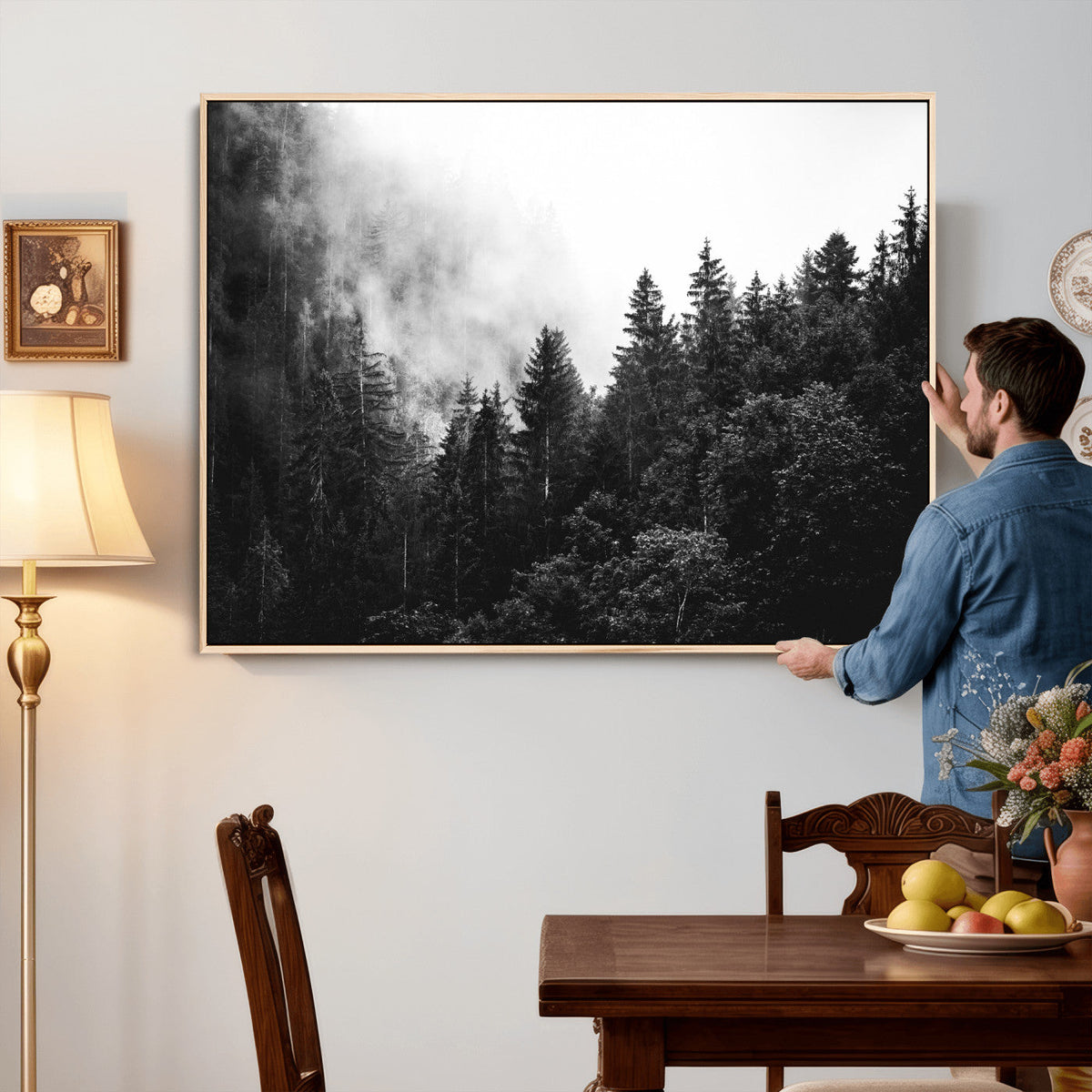 Black White Forest Wall Art Canvas Print, Misty Pine Tree