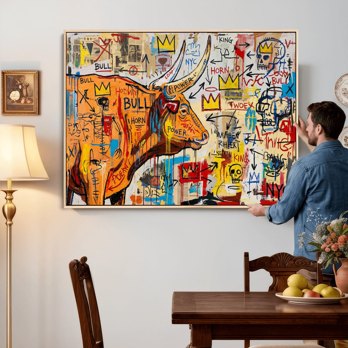 Basquiat Style Bull Graffiti Wall Art Canvas Print, Street