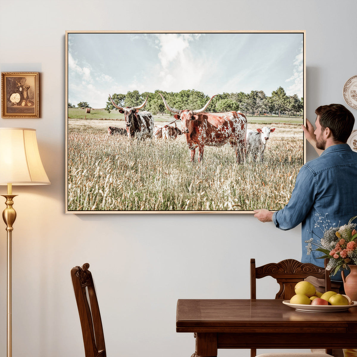 Texas Longhorn Cattle Wall Art Canvas Print, Rustic Ranch