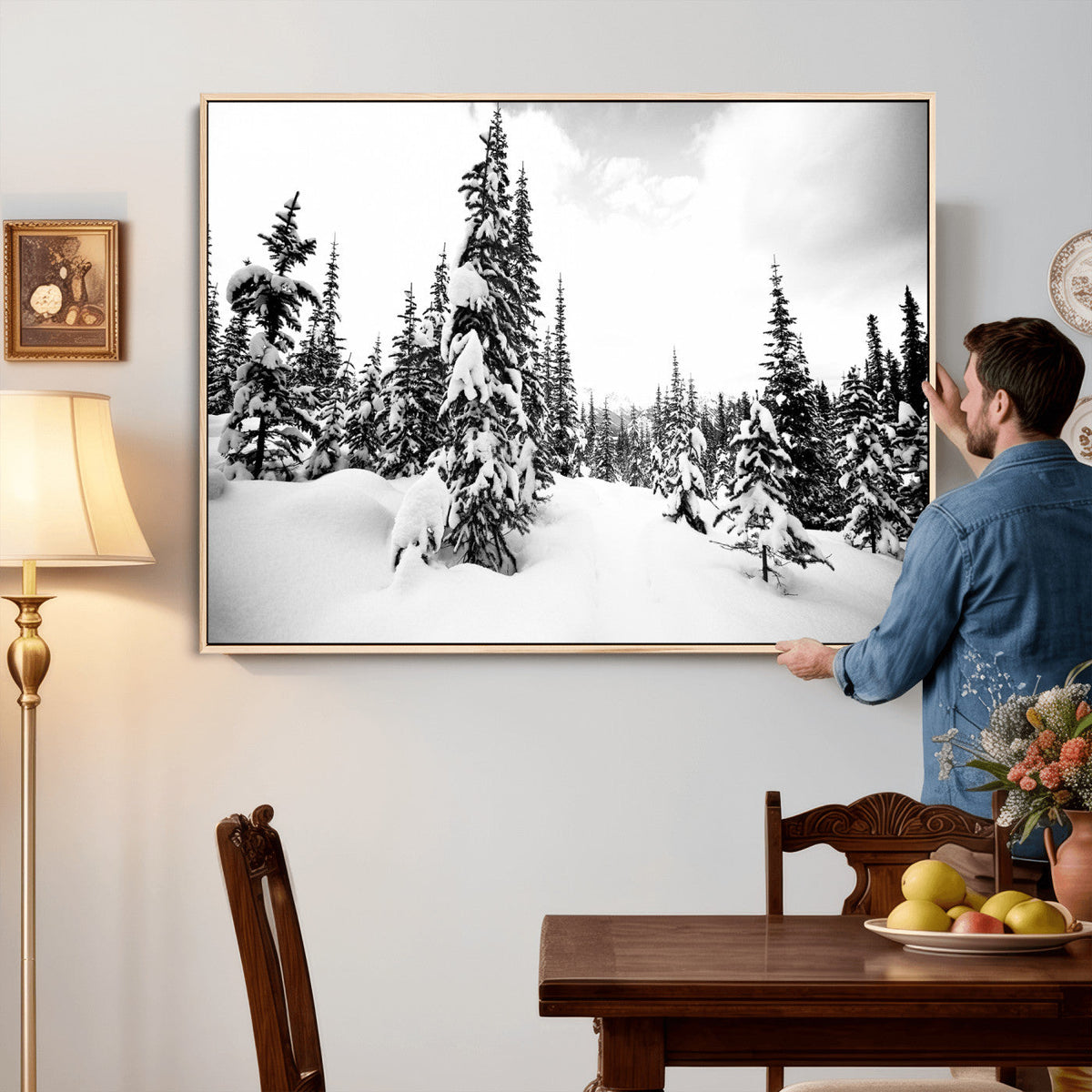 Black and White Snowy Pine Forest Wall Art Canvas Print,