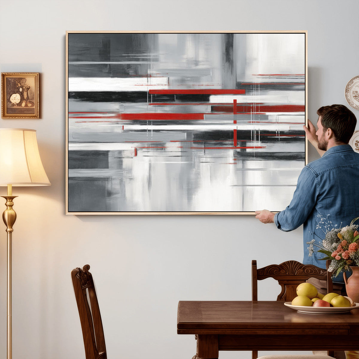 Gray Red Abstract Wall Art Canvas Print, Modern Abstract