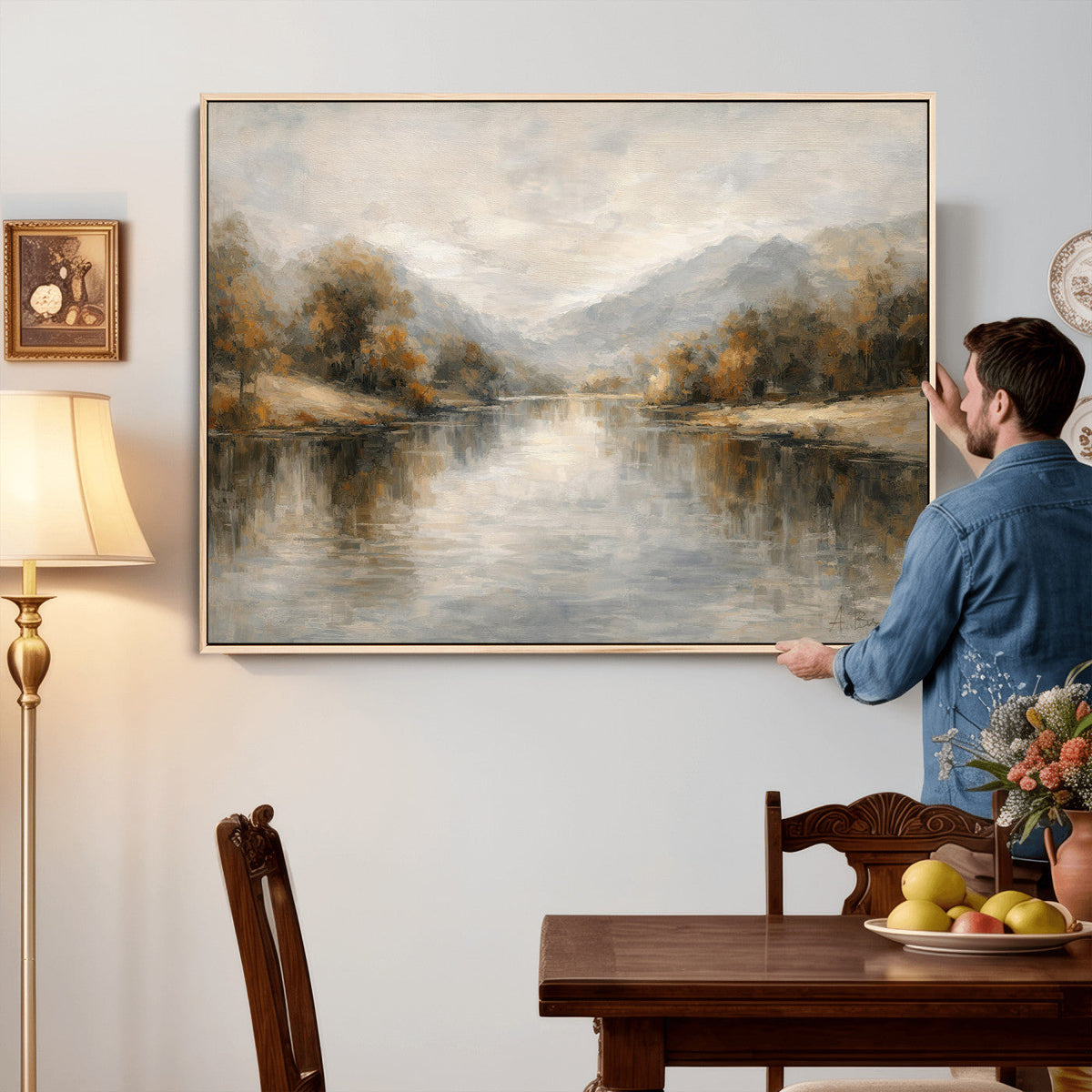 Neutral Abstract River Landscape Wall Art Canvas Print
