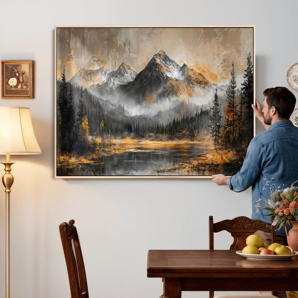 Mountain Lake Canvas Wall Art — Rustic Forest Landscape