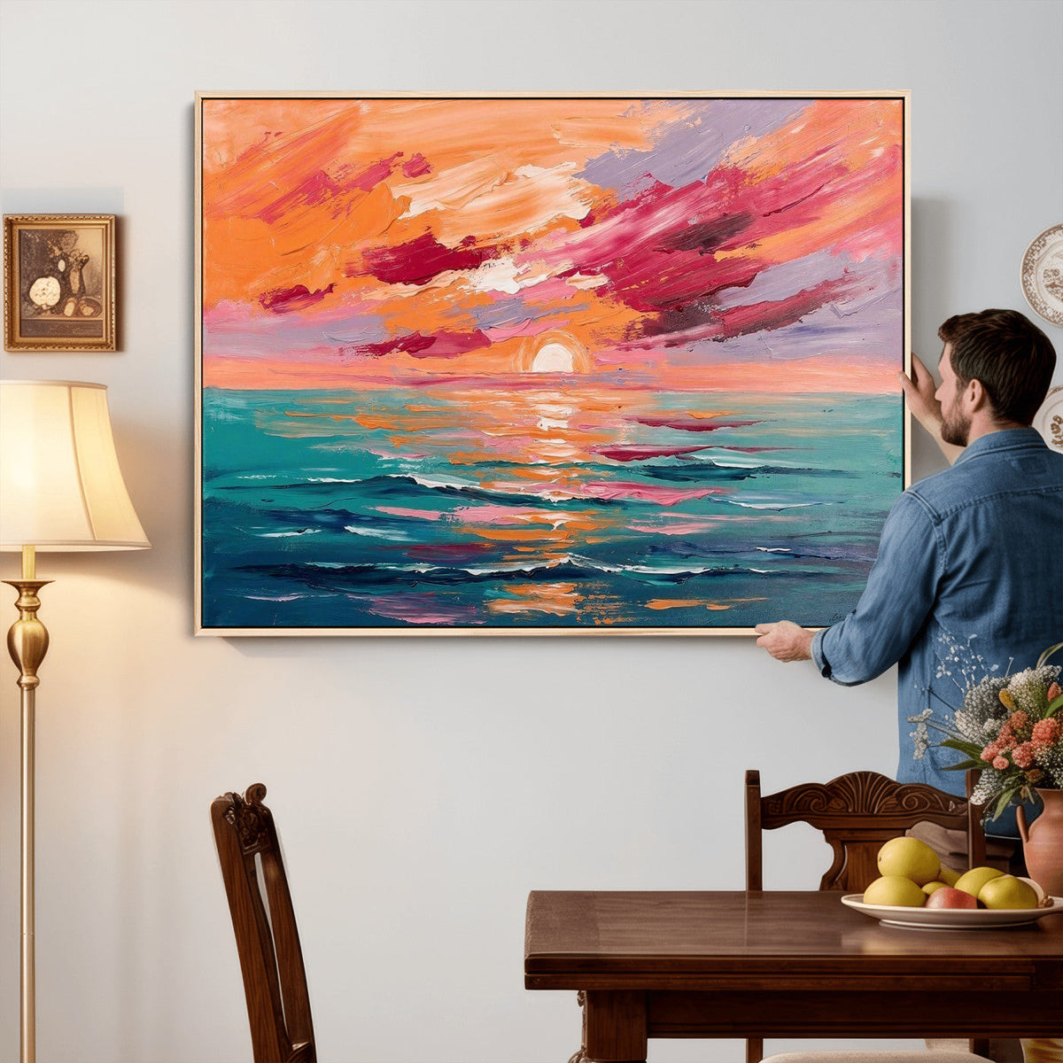 Bold Palette Knife Ocean Sunset Canvas — Orange Pink Teal