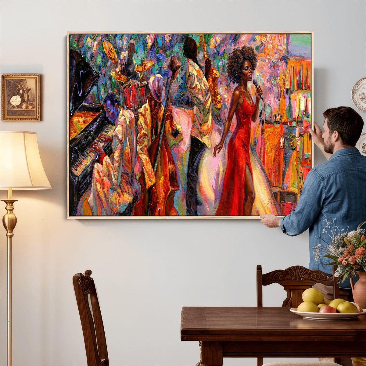 African American Jazz Singer Canvas Art — Red Dress Black