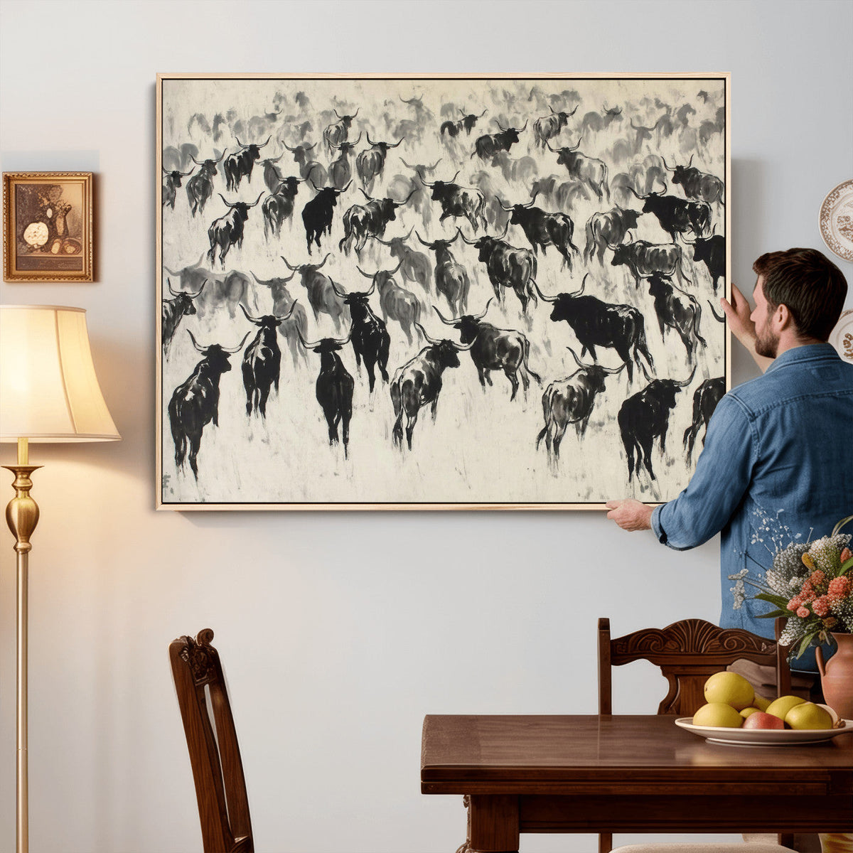 Longhorn Cattle Canvas Wall Art, Black White Stampede Ink