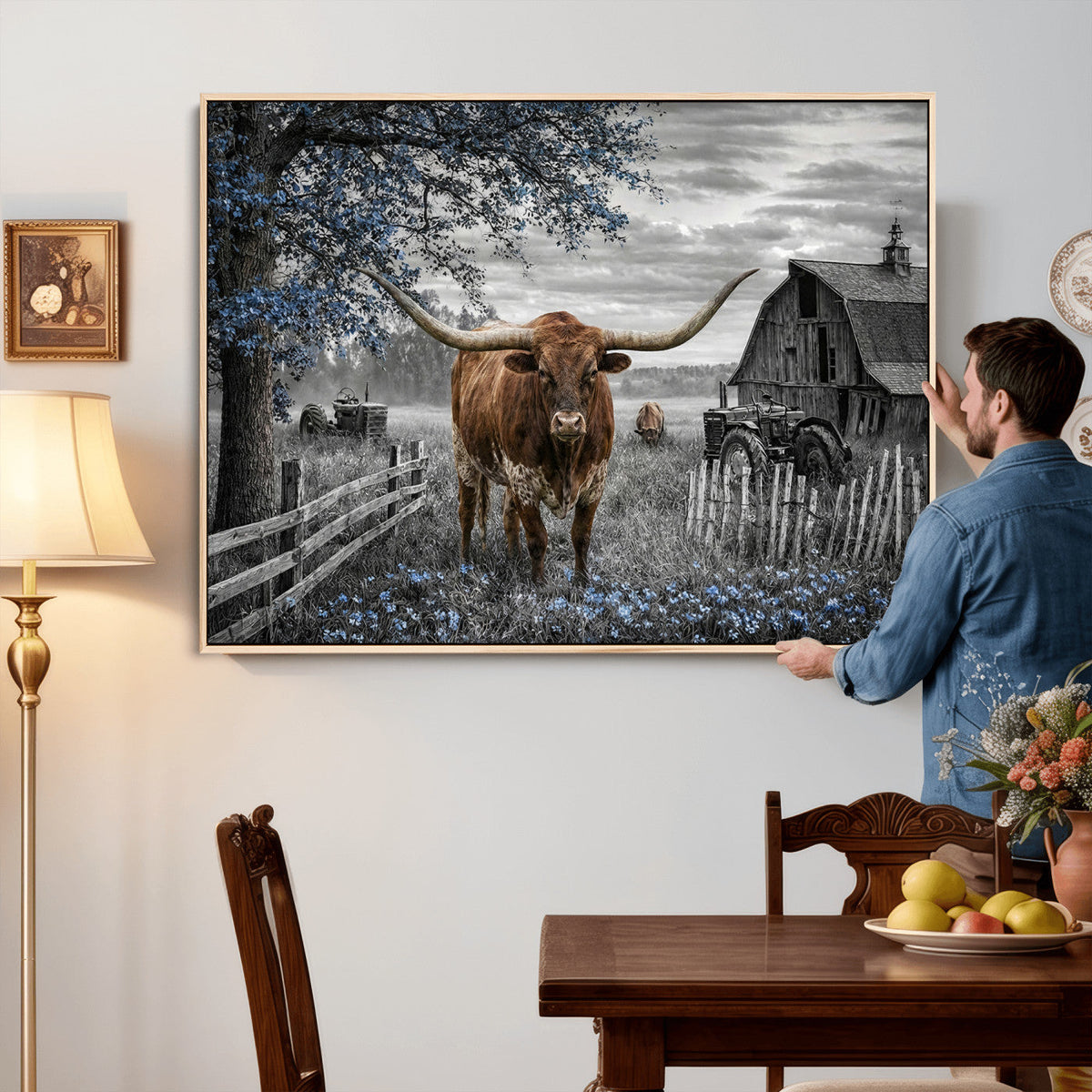 Texas Longhorn Canvas Wall Art, Rustic Farm Barn Bluebonnet