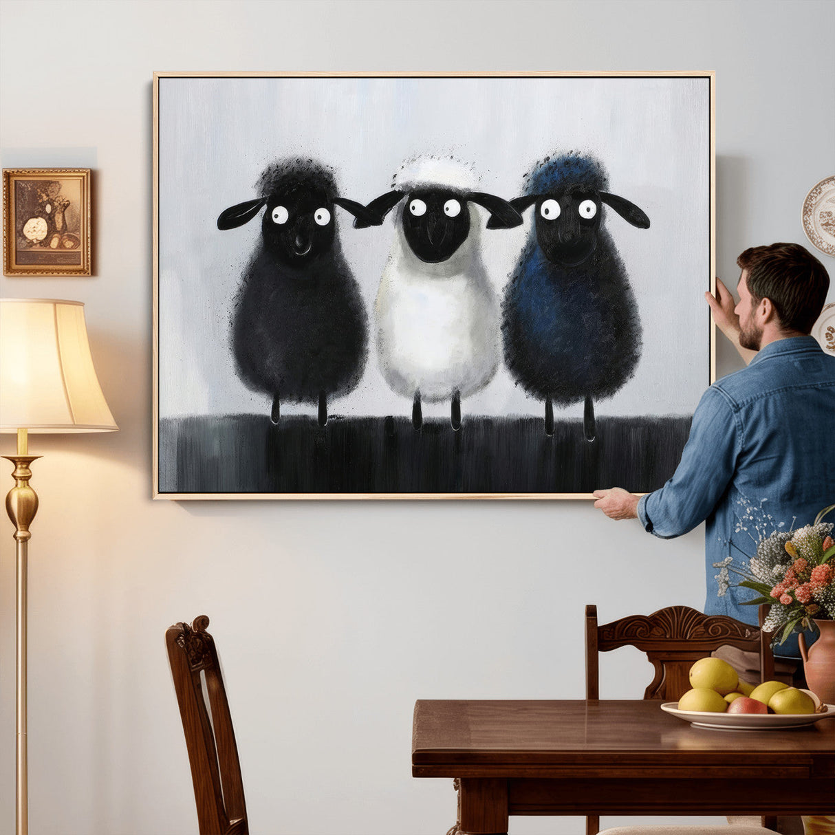 Funny Sheep Canvas Wall Art, Three Quirky Sheep Painting Print, Cute Animal Nursery Decor, Black White Navy Farmhouse Art, Kids Room Gift