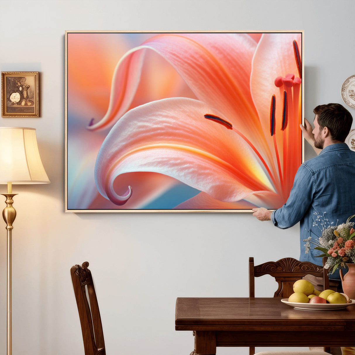 Peach Lily Canvas Wall Art, Coral Pink Flower Macro Photo Print, Botanical Bedroom Decor, Soft Floral Photography, Living Room Wall Art