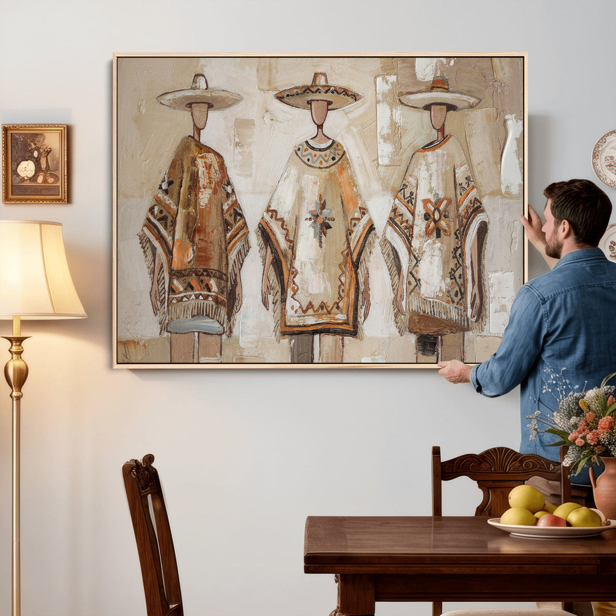 Mexican Folk Art Canvas Wall Art, Charro Poncho Sombrero Painting Print, Neutral Beige Boho Decor, Southwestern Impasto Style, Living Room Art