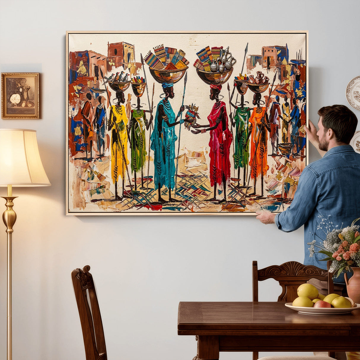 African Folk Art Canvas Wall Art, Colorful African Women Village Painting Print, Tribal Ethnic Home Decor, Vibrant African Art, Living Room