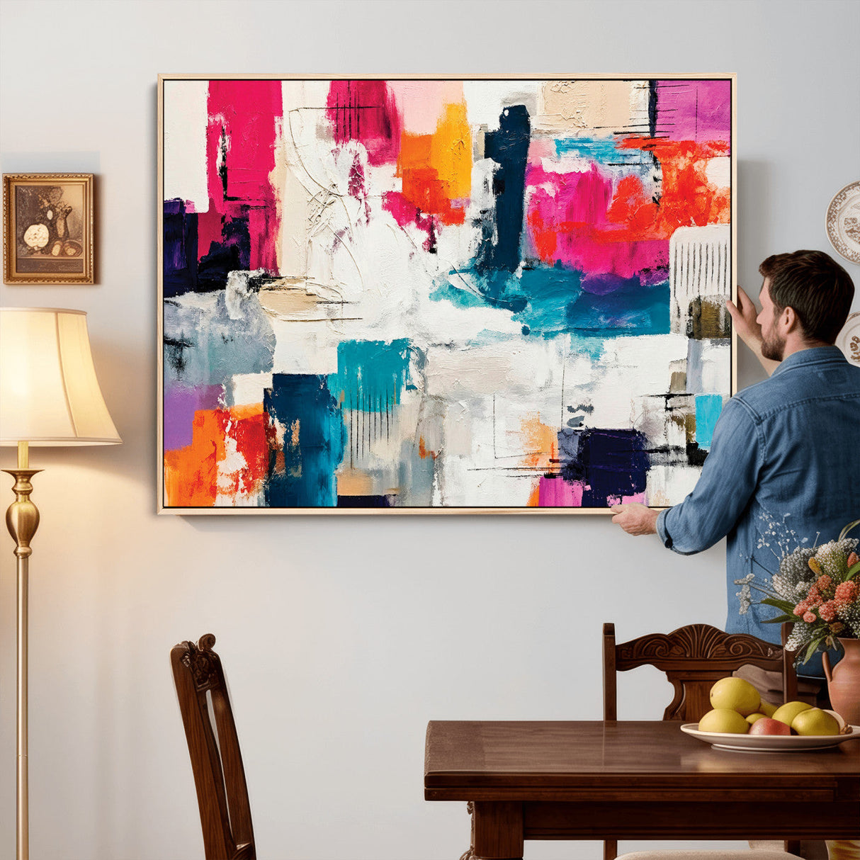 Blue Teal Abstract Canvas Wall Art, Modern Textured Painting Print, Navy Orange White Contemporary Art, Neutral Living Room Decor, Office Art