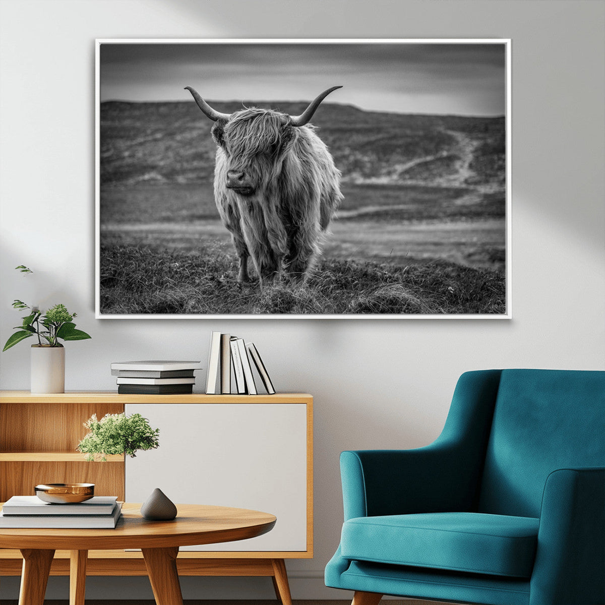 Fluffy Cattle Wall Art Print, Highland Cow Canvas, Framed