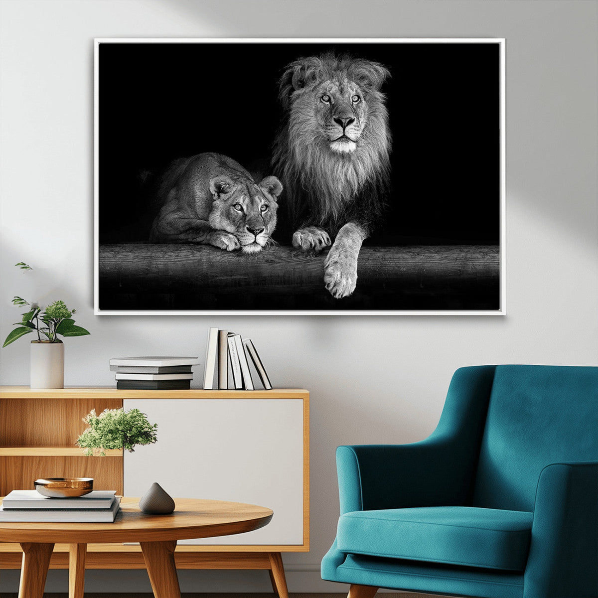 Large Black and White Lion Couple Wall Art Canvas Print –