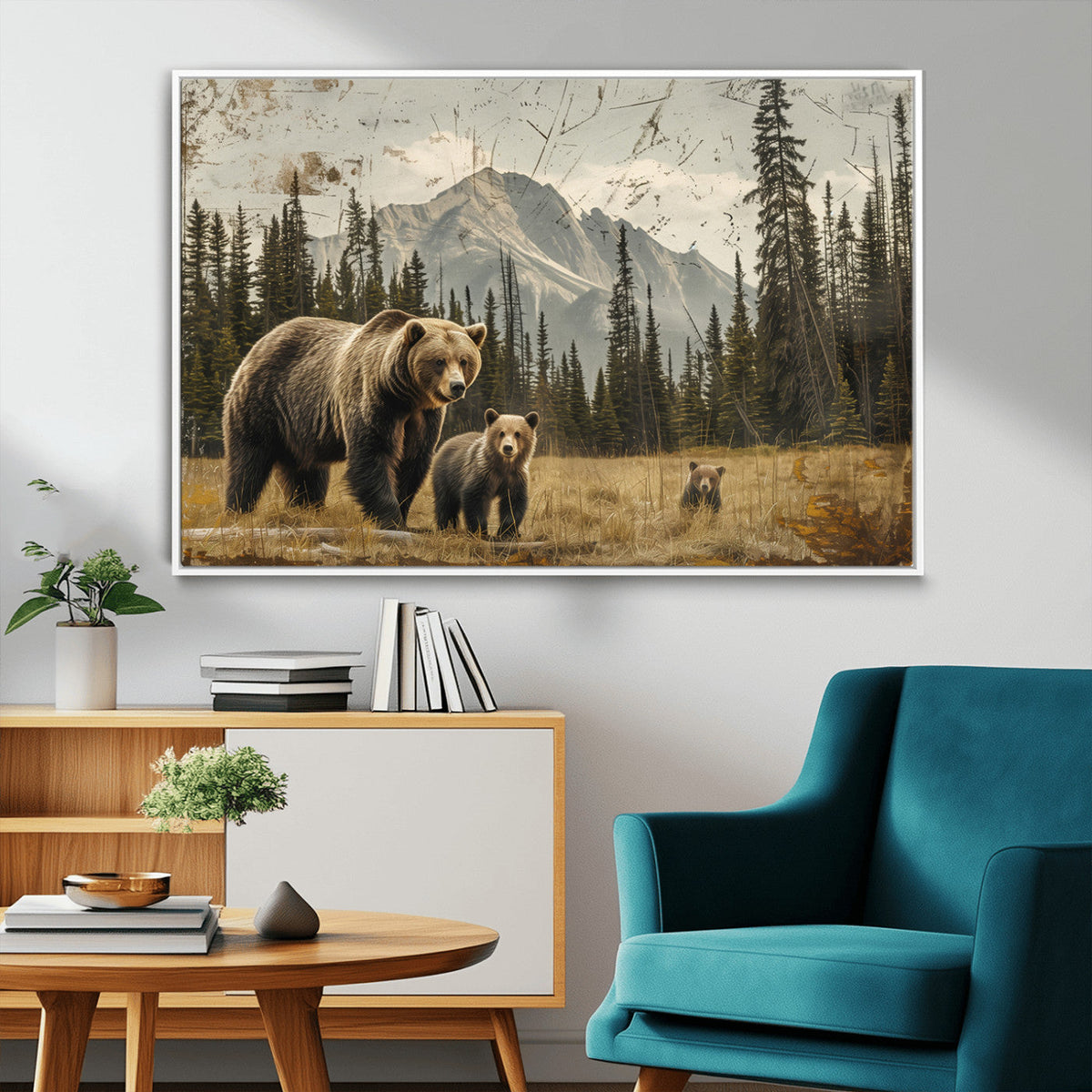 Rustic Grizzly 399 Bear Family Wall Art Canvas Print
