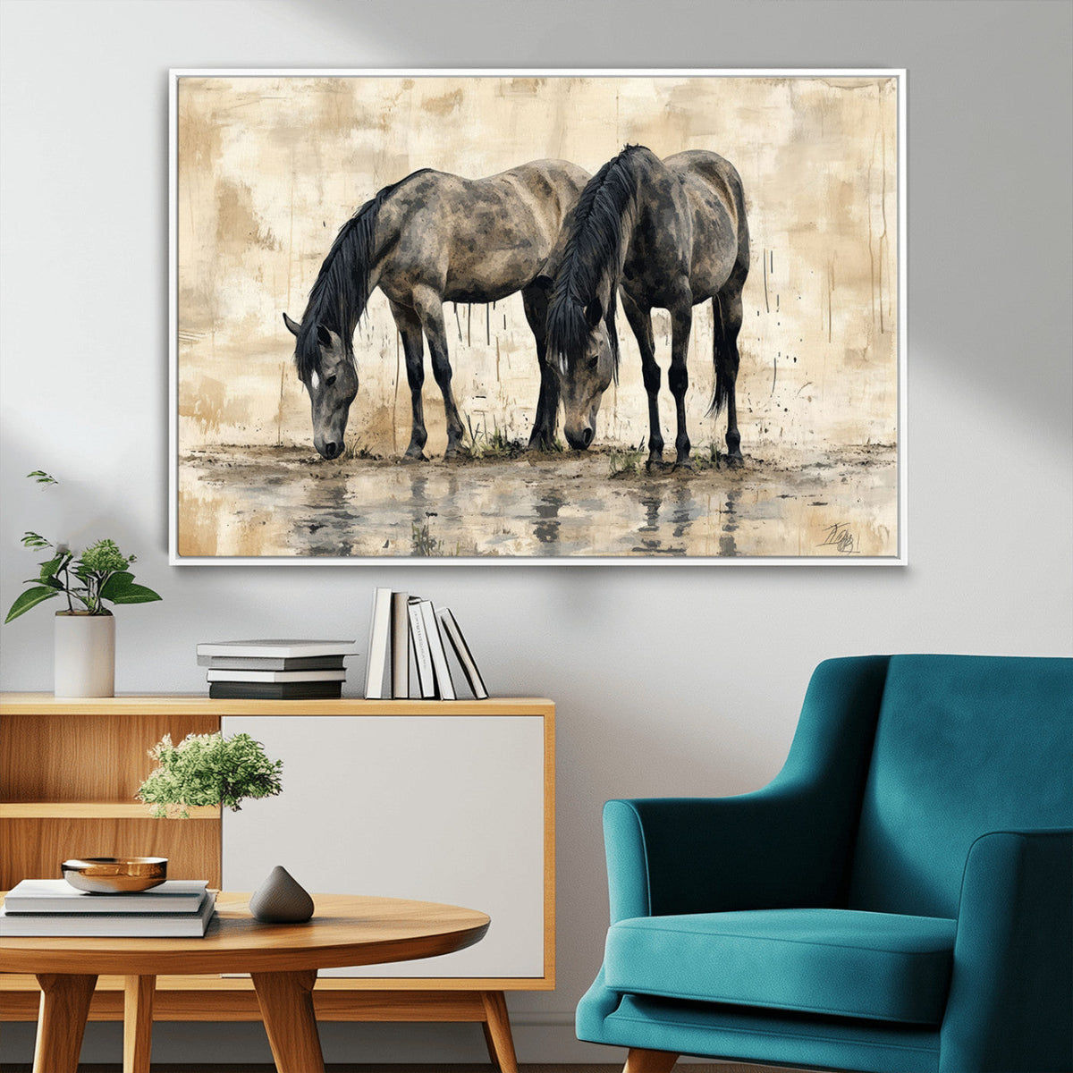 Chinese Style Abstract Black Horses Wall Art Canvas Print -