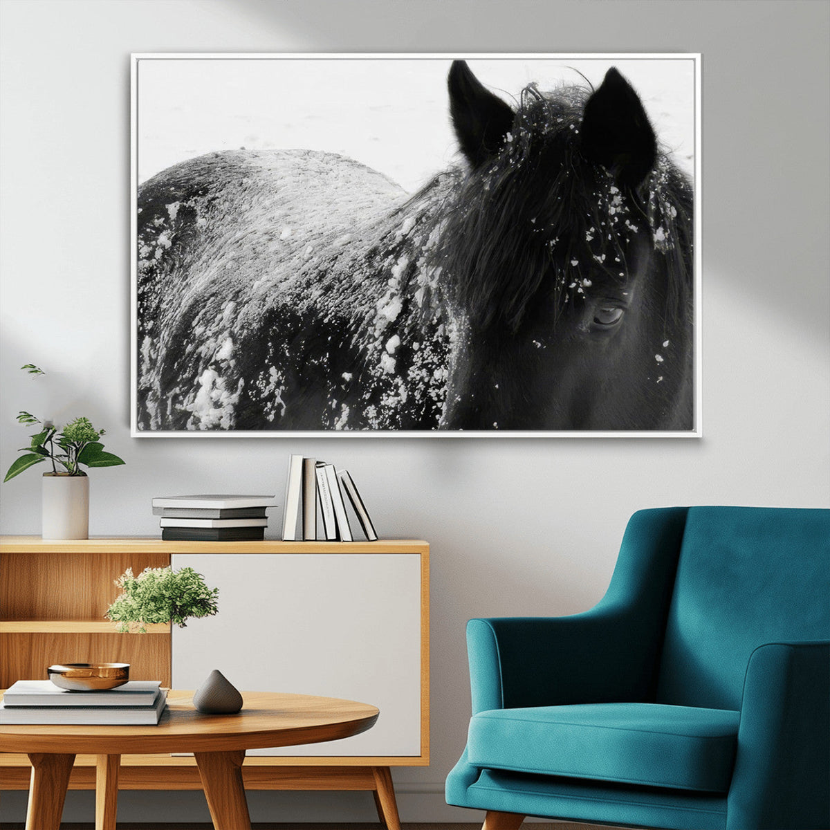 Black Horse in Snow Canvas Print | Winter Horse Wall Art |