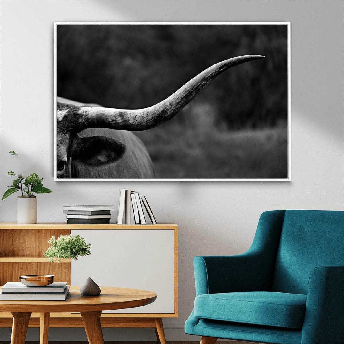 Cow Longhorn Wall Art | Black and White Print | Ready to