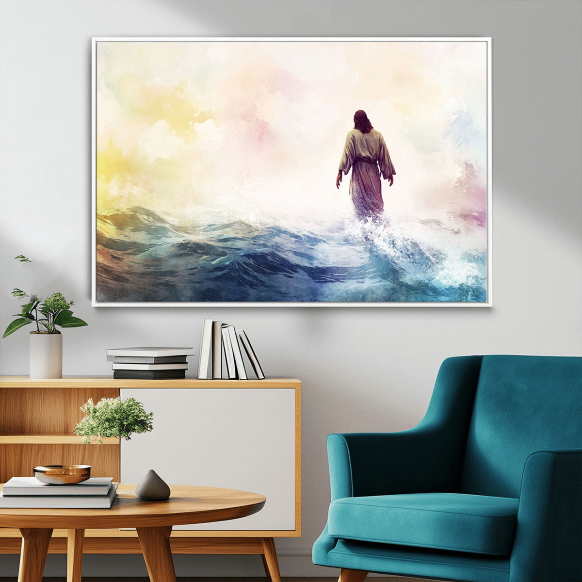 Watercolor Jesus Walking on Water Canvas Print, Christian