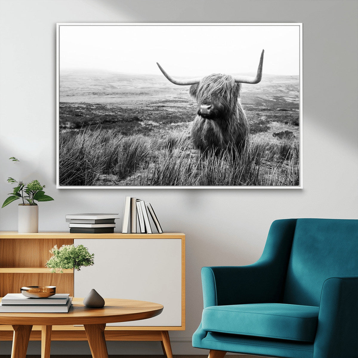 Scottish Highland Cow Wall Art | Black and White Canvas