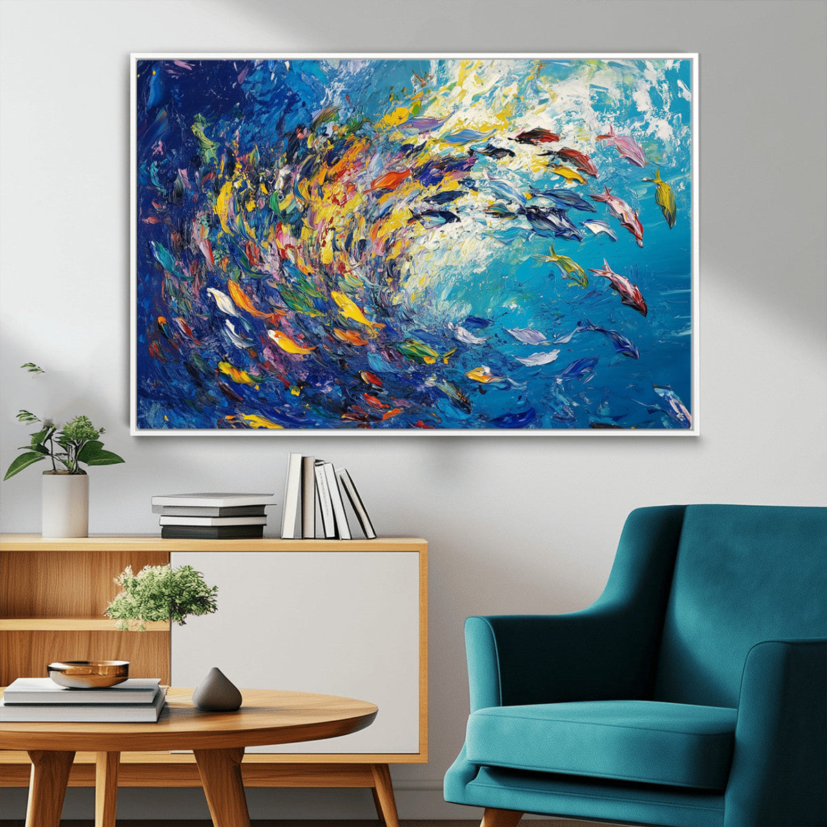 Colorful Swirling Fish School Wall Art Canvas Print |