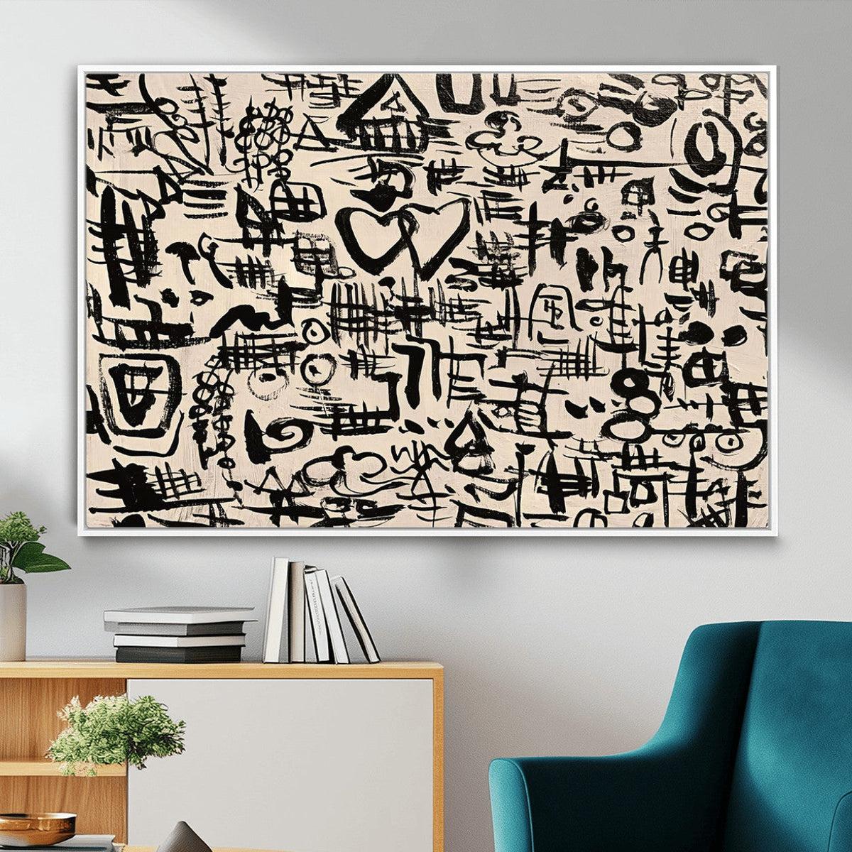 Abstract Love and Chaos Canvas Print, Black Symbols on Beige