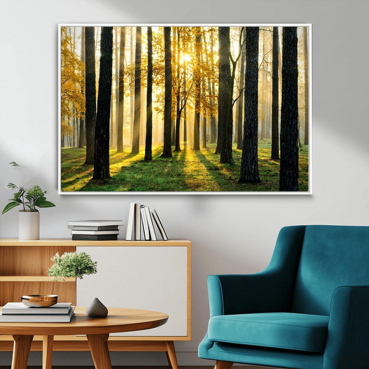 Sunlit Forest Wall Art Canvas Print – Large Framed Woodland