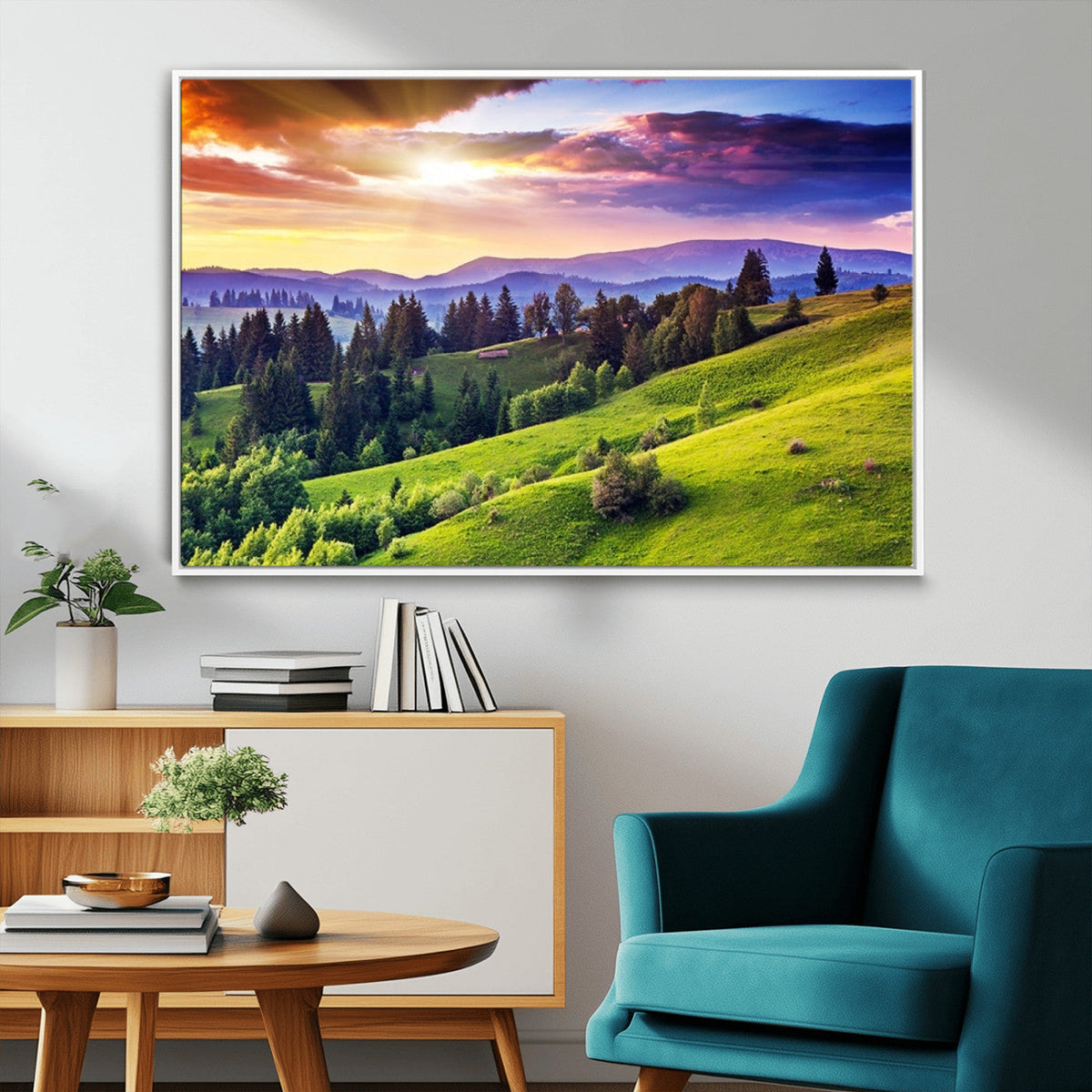 Green Hills and Sunset Wall Art Print - Scenic Landscape