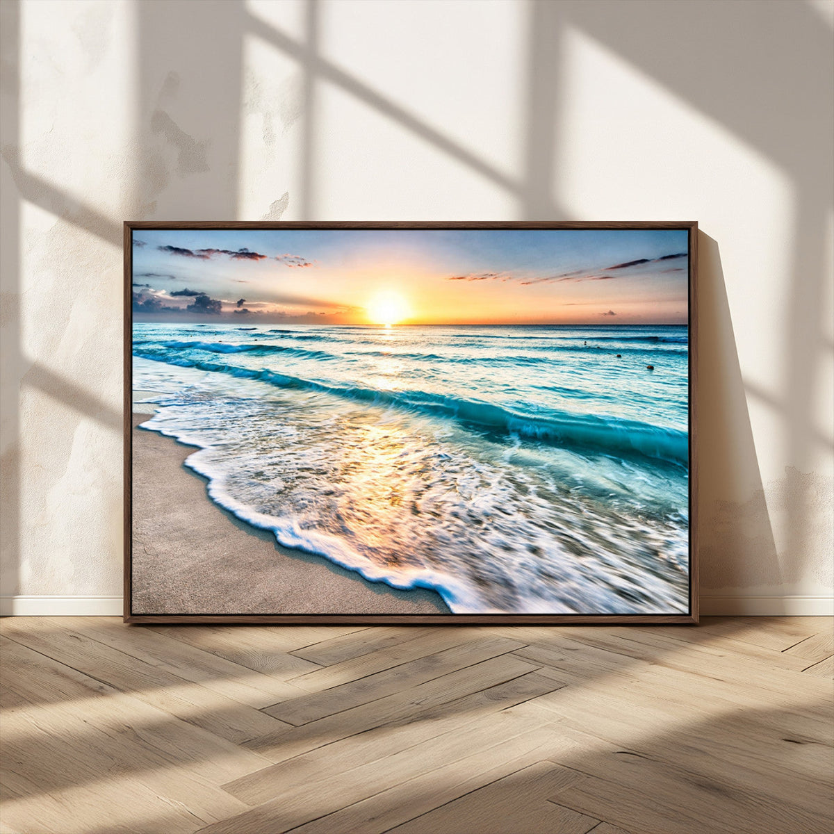 Sunset Beach Waves Canvas Wall Art – 5-Panel Ocean Sunset