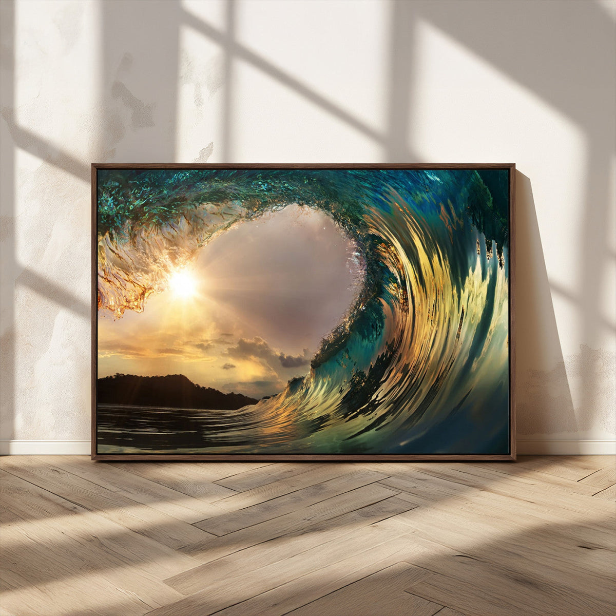 Golden Wave Sunset Canvas Print – Large Coastal Wall Art for