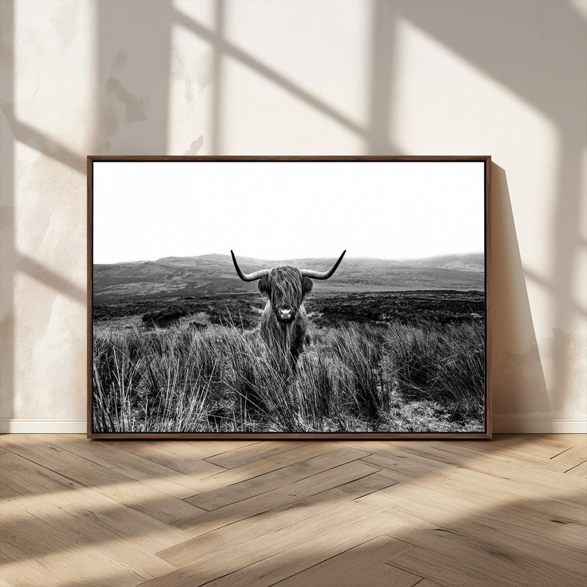 Black and White Highland Cow Canvas Wall Art, Longhorn