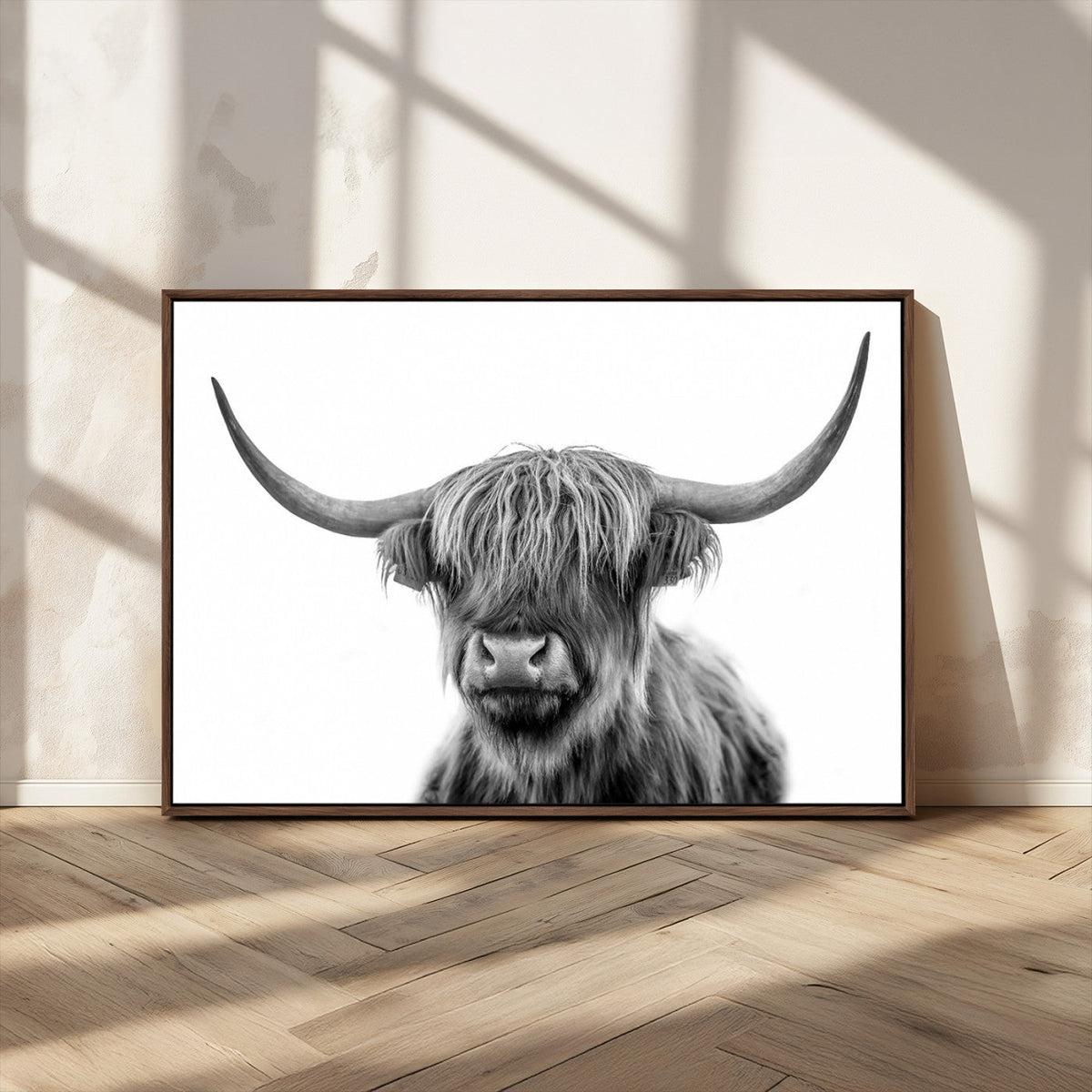 Grayscale Scottish Highland Cow Cattle Art Print Farmhouse