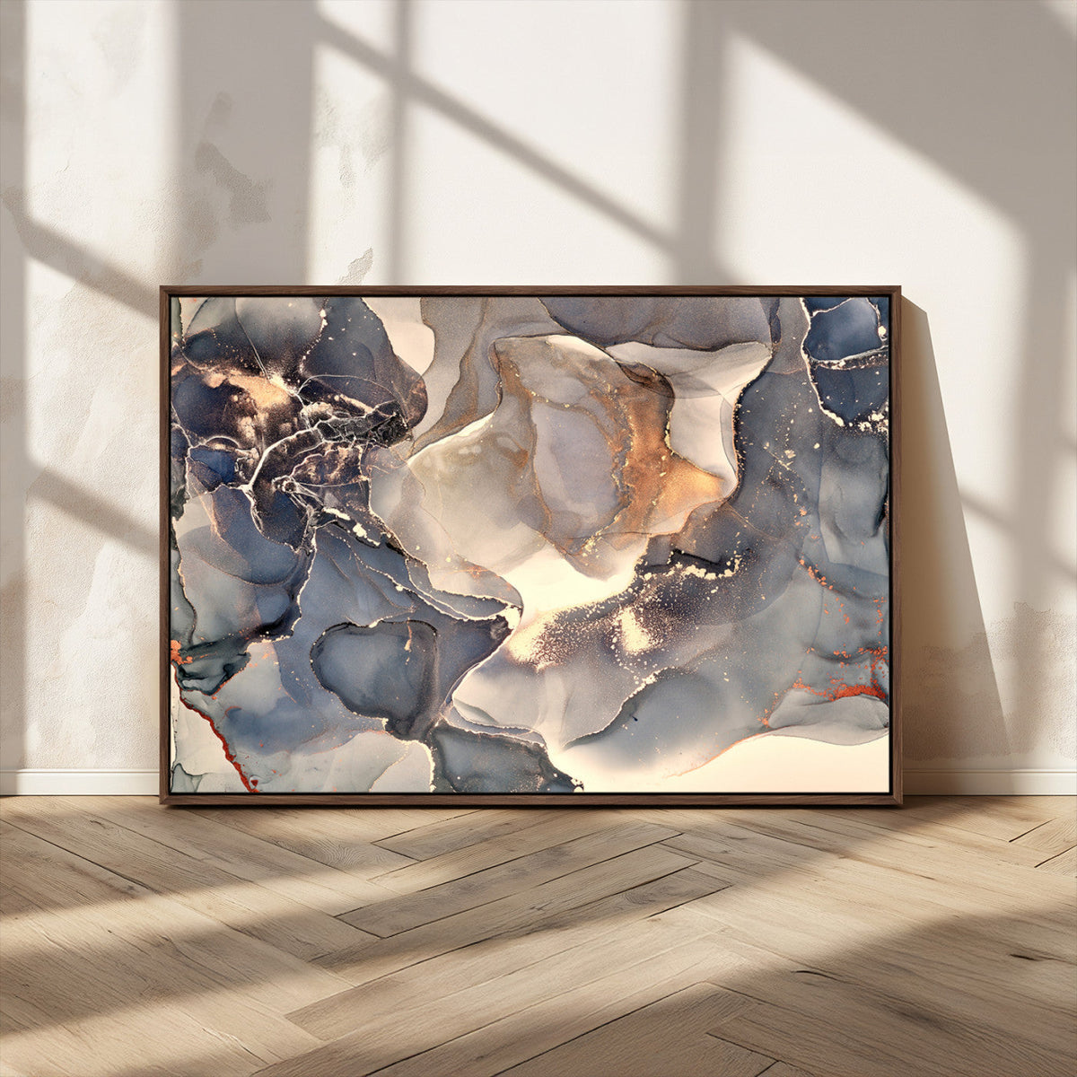 Abstract Blue and Gold Wall Art - Fluid Ink Artwork - Modern