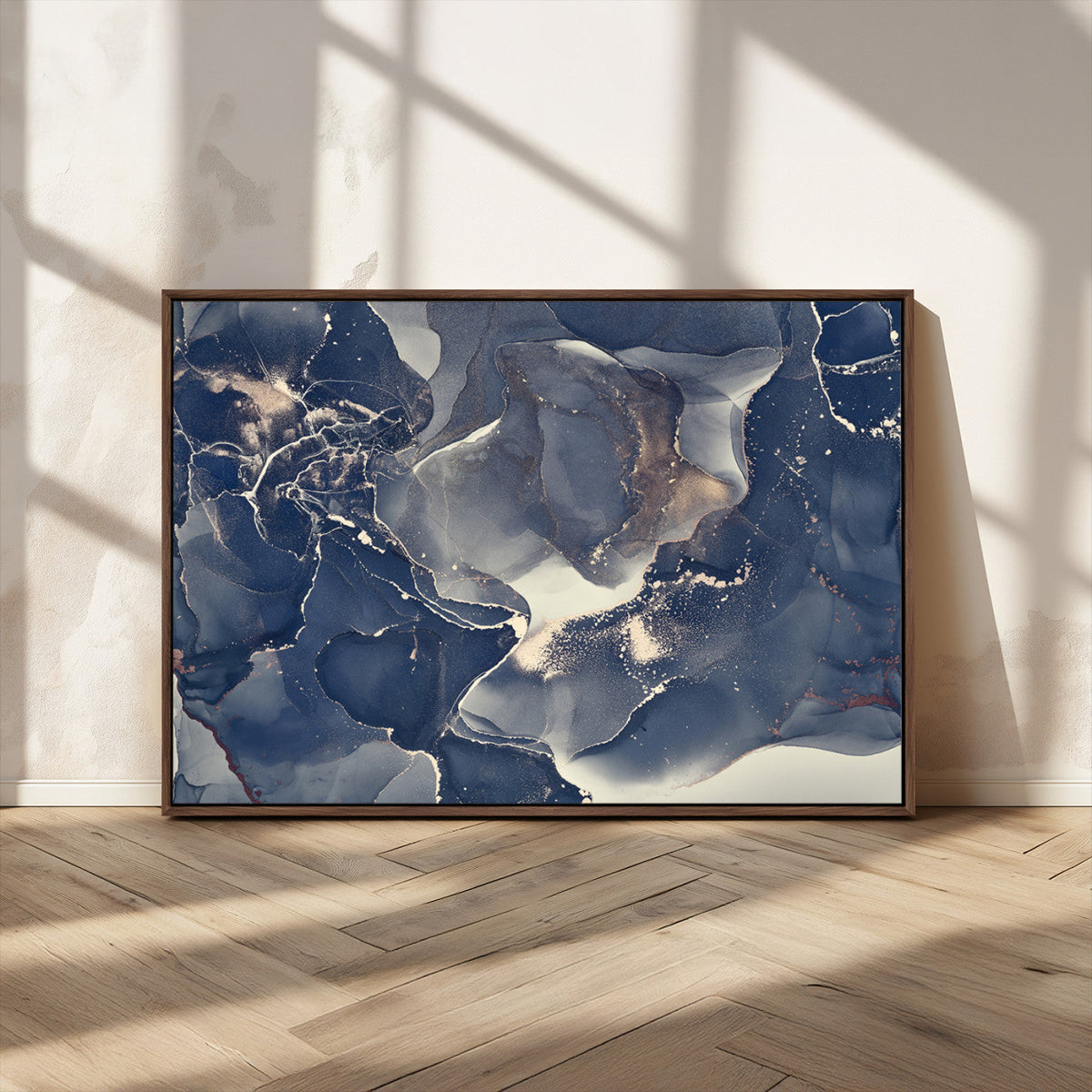 Large Abstract Blue and Gold Canvas Wall Art Fluid Ink