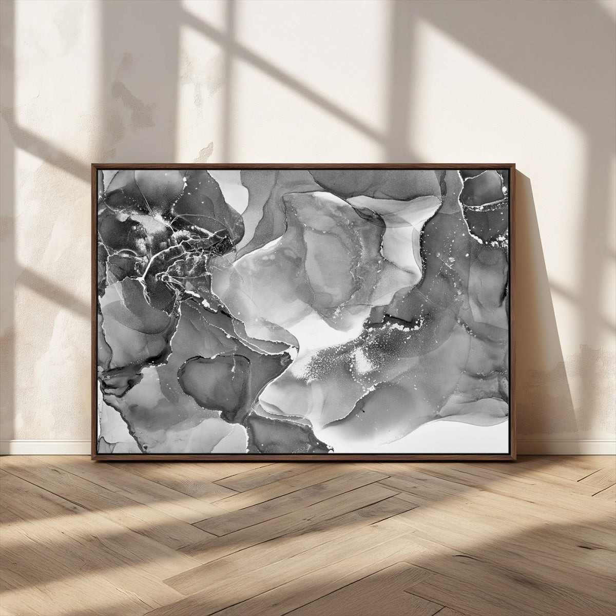 Black White Abstract Canvas Wall Art - Fluid Ink Artwork -
