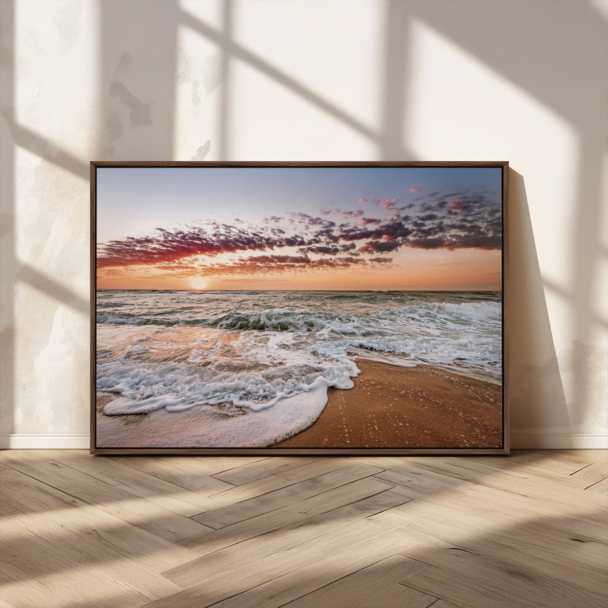 Ocean Sunset Wall Art Canvas Print – Framed Sandy Shore