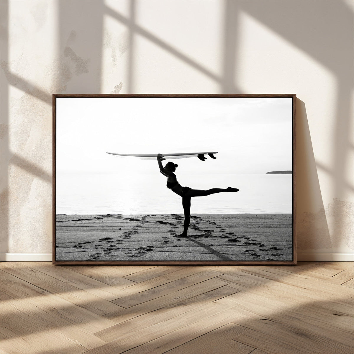 Yoga Surf Wall Art Canvas Print – Framed Black White Shore