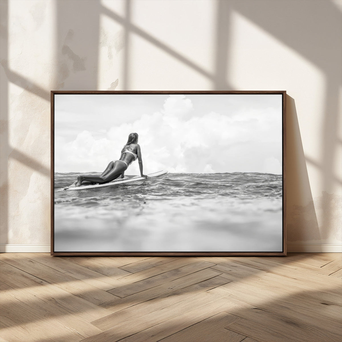 Black and White Surfing Wall Art Canvas Print – Framed Ocean
