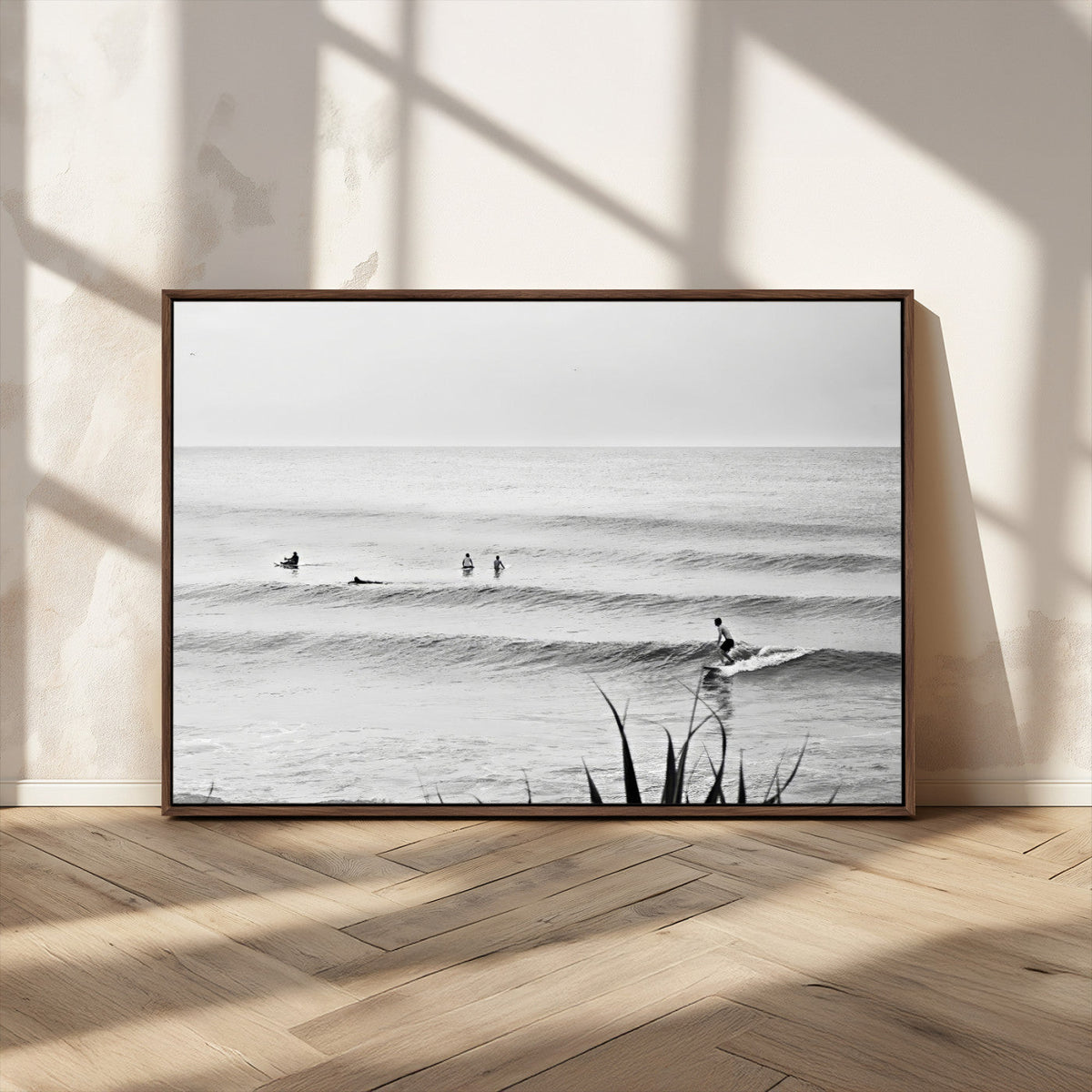 Surfer Silhouette Wall Art – Framed Calm Ocean Canvas