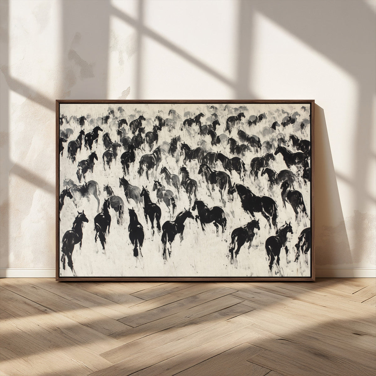 Wild Horse Stampede Wall Art Canvas Print – Monochrome