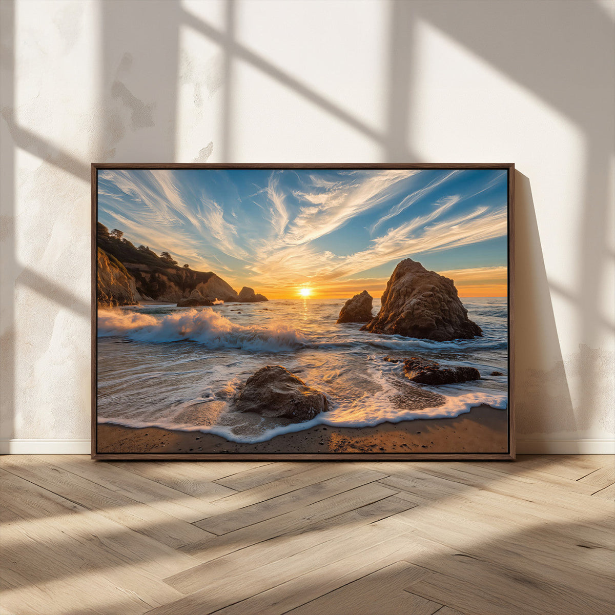 Rocky Ocean Sunset Wall Art Print – Seaside Canvas Dramatic