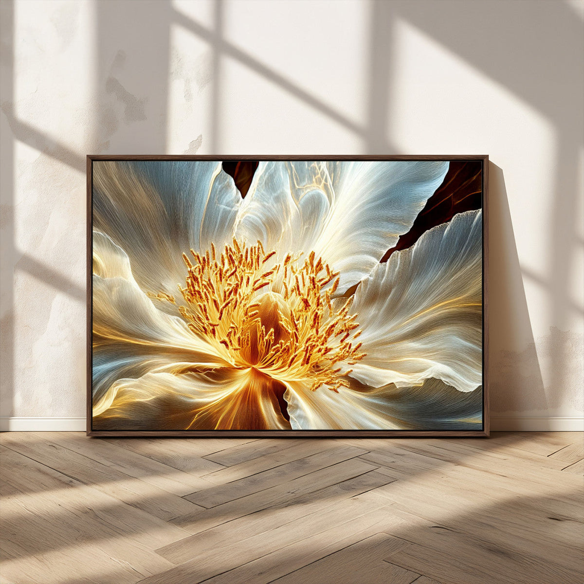 Golden Abstract Flower Canvas Wall Art, Modern Botanical