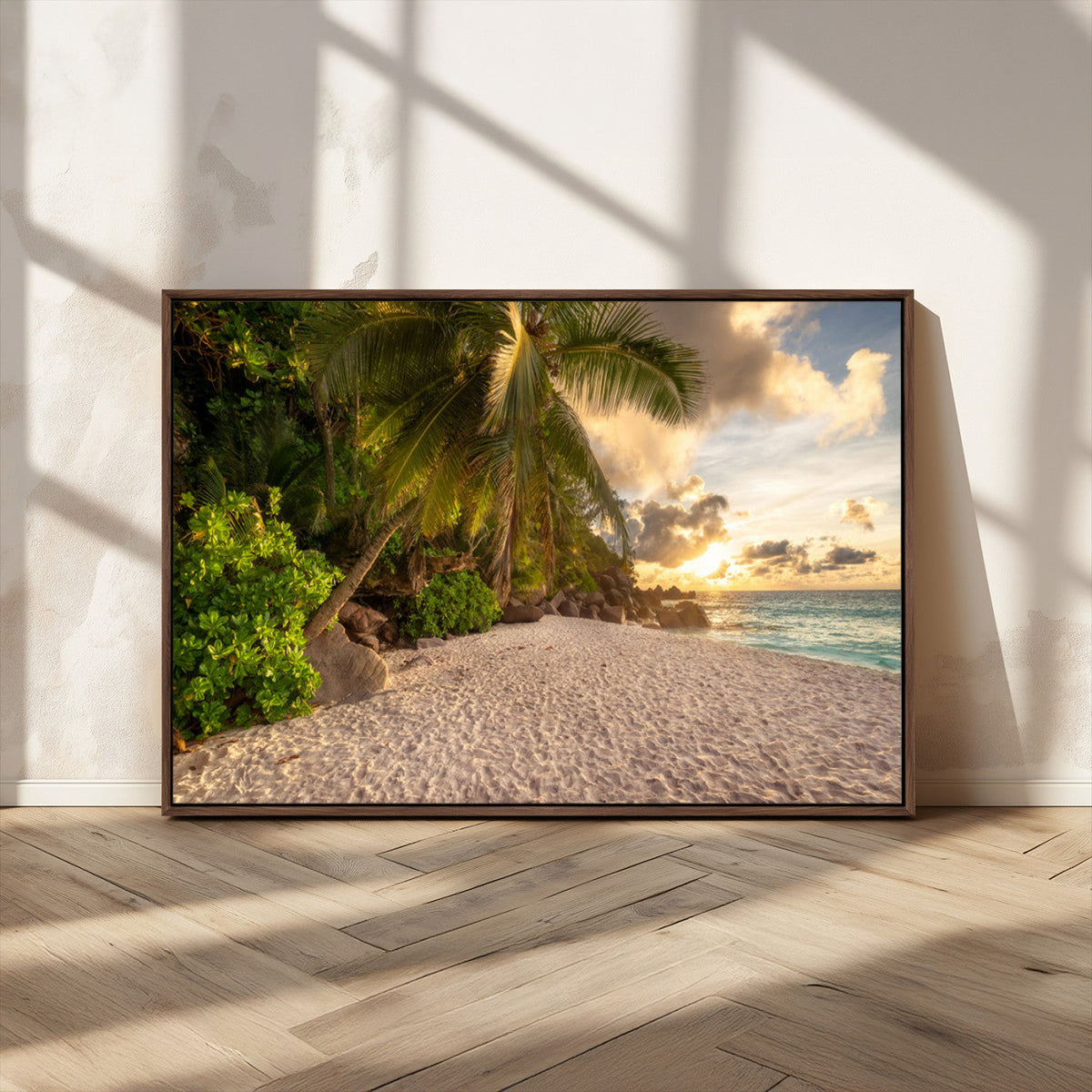 Tropical beach sunset, palm trees, white sand, ocean waves,